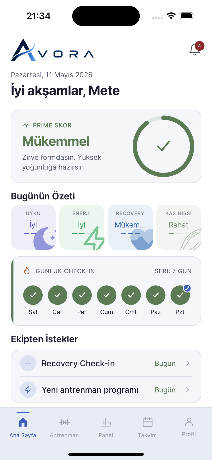 Avora sporcu uygulaması ana sayfa